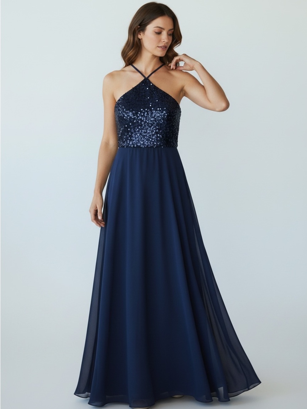 Navy Sequin Halter Formal Gown Maxi Dress Medium - Picture 1 of 7